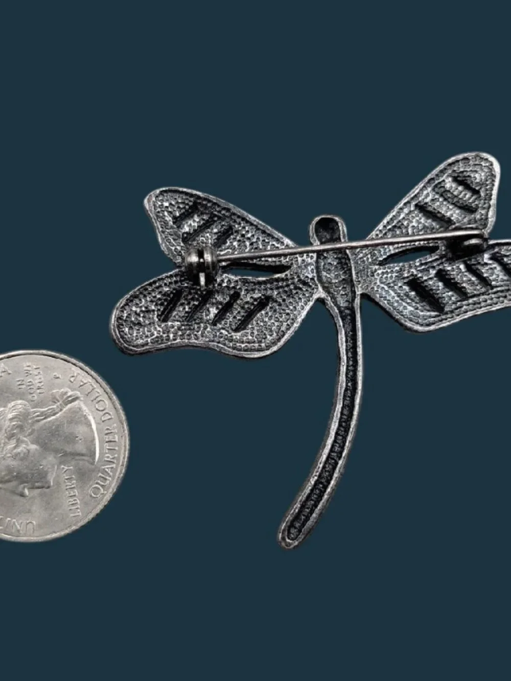 Vintage Art Deco Silvertone Marcasite Rhinestone Dragonfly Brooch Black Metal
